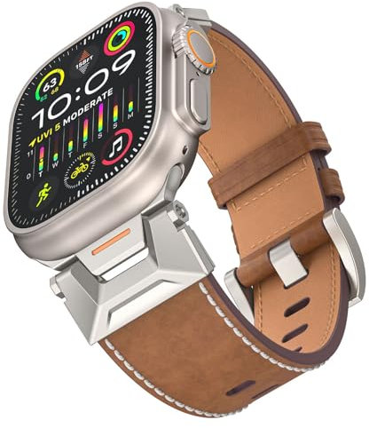 Shesyuki Strap Compatible with Apple Watch Ultra 2/Ultra Bands 49mm 45mm 44mm 42mm for Man Or Women, Genuine Leather Bracelet for iWatch Ultra 2/Ultra Series 9 8 7 6 SE 5 4 3 2 1