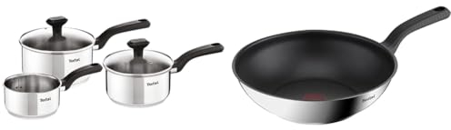 Tefal 3 Piece Comfort Max, Stainless Steel Saucepan Set, Silver & 28cm Comfort Max Stainless Steel Non-stick Wok, Silver