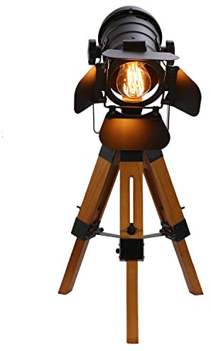 Owneed Lampada da tavolo con treppiedi in legno anticato, regolabile, vintage, lampada da scrivania, lampada da comodino, colore nero, lampada da terra, treppiede, lampada da ufficio per caffè bar,