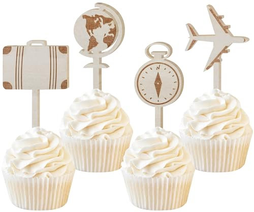 Sursurprise Cupcake-Topper mit Reisemotiven, aus Holz, Flugzeugkoffer, Kuchendekoration für Reisen, Abenteuer, Party, Dekoration, Geburtstag, Babyparty, Zubehör, 16 Stück