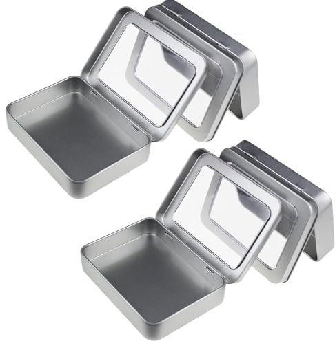 Latas de Metal,4 pcs Pequeñas Latas Aluminio Rectangulares Vacías Latas con Bisagras y Tapa con Ventana Transparente Mini Caja Organizadora para Dulces Regalos Tesoros Artesanía Plata 130 * 95 * 38mm