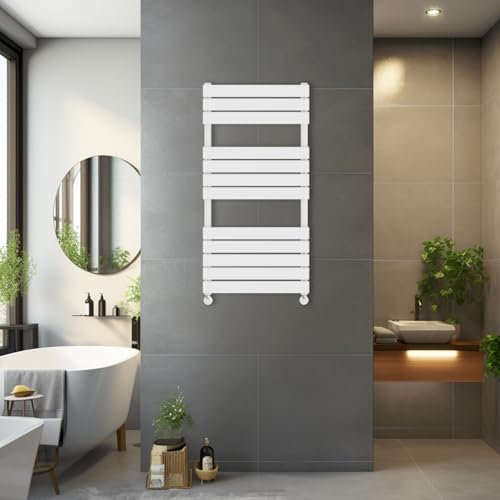 Blümme 1200 x 600mm Heated Towel Rail Radiator Central Heating Modern Flat Panel Bathroom Warmer Wall Mounted Ladder Rad White