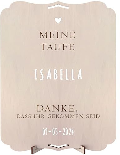 nagu® Taufe Deko | Personalisiertes Holzschild 30x22 cm | Poster Taufe Mädchen oder Junge | Schild mit Buchstaben Aufklebern | Willkommensschild mit Ständer & Loch zum Aufhängen