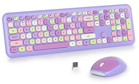 SbocKeeb Purple Keyboard and Mouse Wireless, Full-Size Cute Typewriter Silent Colorful Keyboard Mouse Combo 2.4G Cordless Connection, American QWERTY for Desktop, Laptop 666-Purple