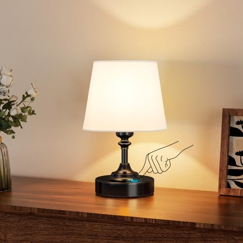 PreeOtti Klein Tischlampe Kabellos, Touch LED Nachttischlampe Akku, Stufenlos Dimmbar, Weißer Leinenschirm, Wederaufladbar Lampe mit USB-C Anschluss für Nachttisch Esszimmer Wohnzimmer Deko(Schwarz)