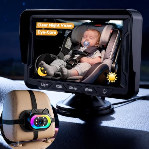 Wkzay Cámara de coche para bebé para asiento trasero - HD 1080P, gran angular de 150°, visión nocturna, fácil instalación, luz LED ajustable, pantalla LCD de 4.3 pulgadas, antirreflejos, monitor de