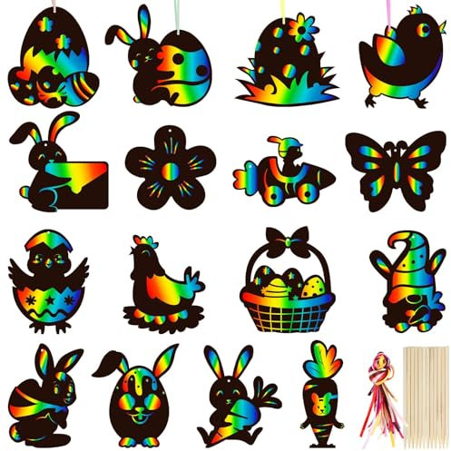 BOFUNX 32 Stück Ostern Kratzbilder Bastelset für Kinder Ostereier Kratzbilder Ostern Scratch Art Kratzpapier Ostern Bastelset Kinder für Ostern Party Dekoration Geschenk
