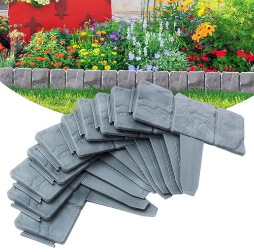Gerbala Rasenkante Kunststoff Steinoptik, Graue Rasenkante in Steinoptik, Gartenzaun Dekorativ, Beetrand Mähkante Ziegel in Kunststoff, L 25 x H 23 cm, 20 Stück, Gray