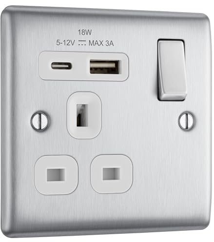 BG Electrical Single Switched Power Plug Wall Socket with Type A USB and Type C USB Charging Ports, Fast Charge, Round Edges, Nexus Metal, Brushed Steel, White Inserts, 13A, 18W, NBS21UAC18W