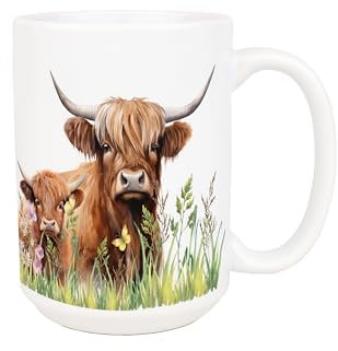 Highland Cow & Calf Mug - Farmyard & Countryside Drinkware Gifts for Animal Lovers - Large 500ml Ceramic White Cup Novelty Present