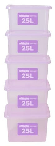 Wham Plastic Storage Boxes With Lids Home Office Stackable Nestable Container Box, 25L Easy fit Underbed Protective Storage Box, 42.5 x 33 x 25.5 cm - Tint Lilac (Set of 5)