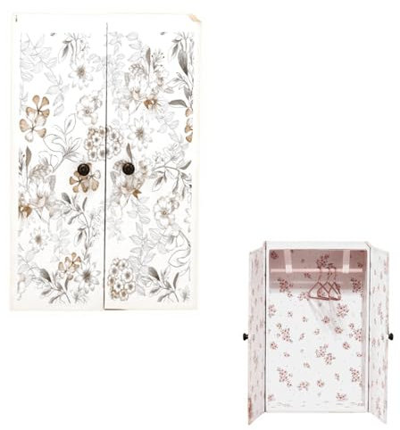 Minamzee 1/12 Dollhouse Wardrobe Closet, Miniature Wooden White Flower Pattern Wardrobe with 3Pcs Clothes Hangers, Magnetic Double Doors Dollshouse Closet for Bedroom Livingroom Furniture Accessory