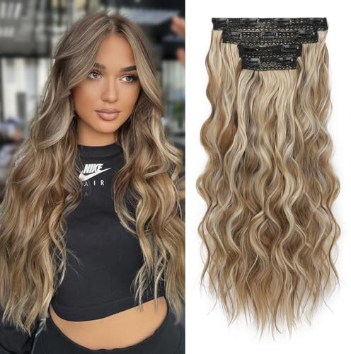 REECHO Clip in Extensions, 4PC Hair Extensions Clip in Haarverlängerungen 60 cm Dicke Lange Strandwellen Haarteile Unsichtbare Spitze Natürliche weiche Haarteile (Dunkles Aschbraun mit Strähnchen)