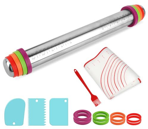 QOUBNIC Rouleau à Pâtisserie en Acier Inoxydable, 43.2cm Rouleau à Pâtisserie Antiadhésif Anneaux Réglables (2-8 mm) Tapis Silicone Antiadhésif avec Raclette et Pinceau pour Pizza Pâtes Biscuits