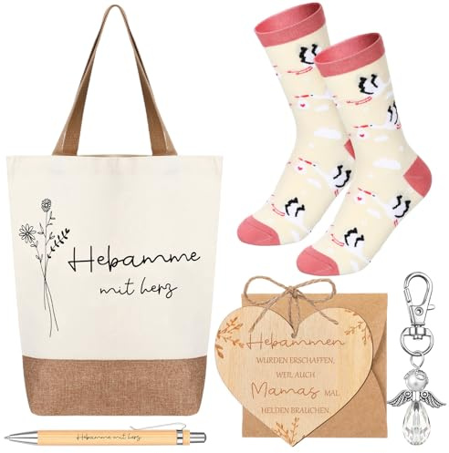 Nezyo 5er Set Hebamme Geschenk Dankschön Jute Baumwolltasche Schutzengel Schlüsselanhänger Lustige Socken Holzstift mit Spruch Herz Holzschild mit Umschlag für Damen Geburtstag Krankenschwestertag