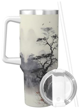 POEZJZW Vaso de 40 onzas con asa y pajilla de acero inoxidable con aislamiento al vacío de doble pared de Where to See The Moon