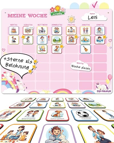 PANDABANDE Wochenplaner Kinder mit 210 Magneten | Montessori Kinderkalender für mehr Struktur im Alltag - Magnetischer Wochenplan mit Belohnungssystem