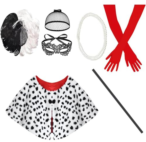 OEBLD 7-teiliges karneval kostüm aus den 1920er Jahren mit schwarzer Deville-Perücke und weißer Perücke Cosplay-Kostüm-Set Halloween-Party-Accessoires für Frauen Cruella