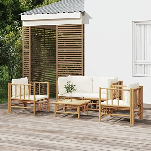 Bucmath 5-TLG. Garten-Lounge-Set, Bambus mit Cremeweißen Kissen, 55x65x30cm Tisch, Robustes Outdoor-Möbel für Terrasse, Balkon, Patio, Hoher Sitzkomfort
