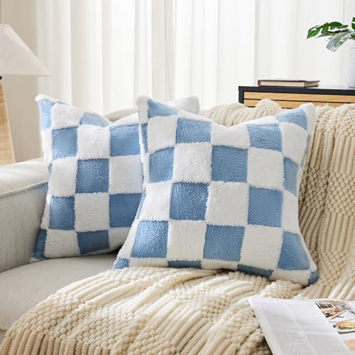 Ohocut blau-Karierte Jacquard-Zottel-Kissenbezüge, 2 Stück, flauschig, niedlich, dekorativ, ästhetisch, weich, kariert, für Couch, Sofa, Schlafzimmer, 40 x 40 cm