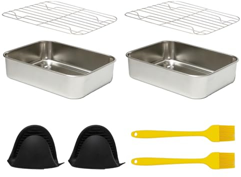 Keboyoe 2 Pezzi Teglia da forno Airfryer in acciaio inox 304 20x15,3x5cm | Pirofila in acciaio inox accessori con manici di protezione dal calore teglia con struttura per friggitrici ad aria calda