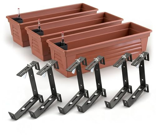 Plastard Blumenkasten 100 cm 3er Set Terrakotta selbstwässernd Pflanzkasten | robuste Metallhalterung - Witterungs- UV & frostbeständig Pflanzkübel für Balkon, Garten & Terrasse mit Wasserstandsanzeiger