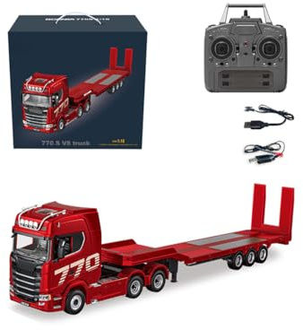 Quibuilds 770S 1/18 Maßstab 6x4 2.4GHz RC Fernlenkung LKW Sattelzug Modell mit Flachbettanhänger, Licht & Sound, Ferngesteuerter Schwerlast Transporter für Erwachsene – Rot