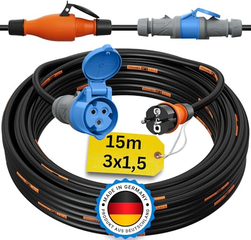 Schuko auf CEE Adapter 15m Camping Stromkabel TITANEX 3x1,5 Landstromkabel Wohnmobil Wohnwagen Kabel Camping Adapter 15 Meter Strom Verlängerungskabel CEE-Stecker Campingstecker