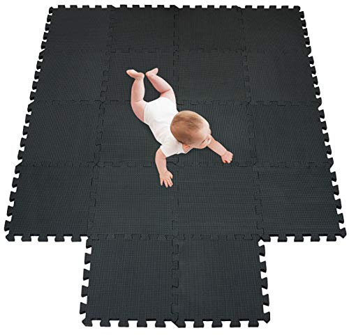 meiqicool Puzzlematten aus Gummigranulat | Fitnessmatte als Bodenbelag für Sport und Fitness | Unterlegmatten für Fitnessgeräte | Sportmatte 18 Stück je 30x30 cm schwarz 104
