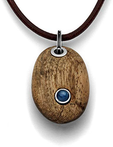 Anhänger Holzkiesel oval aus echtem Treibholz – Unikat | Kyanit - groß | Fassung aus 925 Sterling Silber | Charm P3128