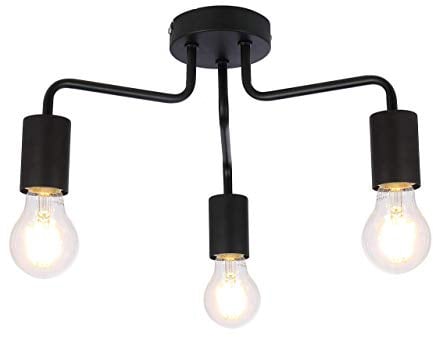 UKEW 3 Way Retro Ceiling Light - Black Vintage E27 LED Compatible Semi Flush Arm Lighting Fixtures for Modern Kitchen Bedroom Lounge