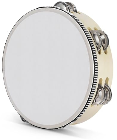 Flexzion Tamburin, Handtrommel mit Handgriff - 20cm, Schellenkranz in Mond-Form aus Holz, Musik Schlaginstrument, zweireihige Schellenring mit 12 Paar Metall Schellen, für KTV & Party, Beige