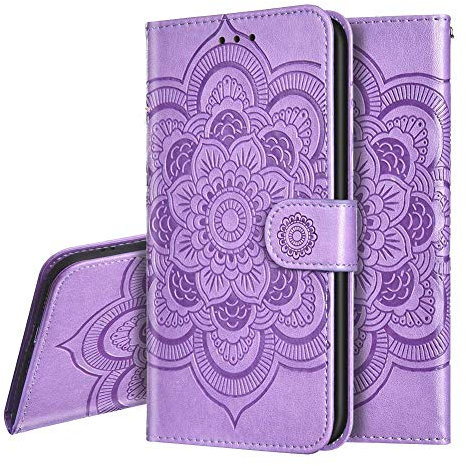IMEIKONST Xiaomi Redmi 9 Custodia Embossed Premium Phone Cover a Libro in Pelle PU Flip Portafoglio Holder Protettiva Magnetic Stand Caso per Xiaomi Redmi 9 Mandala Purple LD