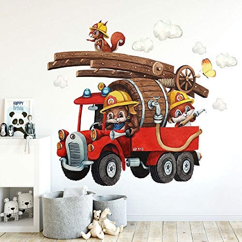 Wandtattoo Kinderzimmerdeko Feuerwehr Feuerwehrmann Tiere Häschen Wolken Schmetterlinge Dekoration Kinderzimmer fw23 - ausgewählte Größe: *XL - 0,84m hoch x 0,81m breit*