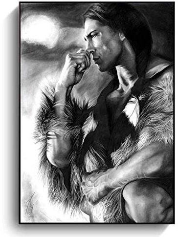 Blanriguelo Leinwandbilder Indian Strong Man Schwarz Weiß Wandbild Wandkunst Poster und Drucke Wohnzimmer Büro Wohnkultur 60 x 90 cm Noframe Frameless