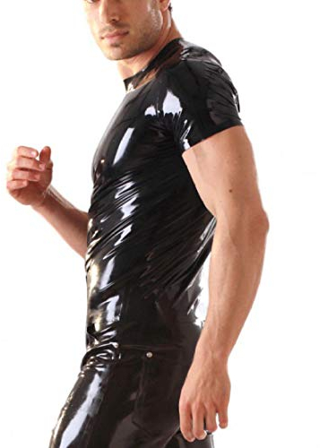 Sexy enges kurzärmeliges Gummi-T-Shirt Latex Rubber Black Suit Tops For Men-Rosa_XS