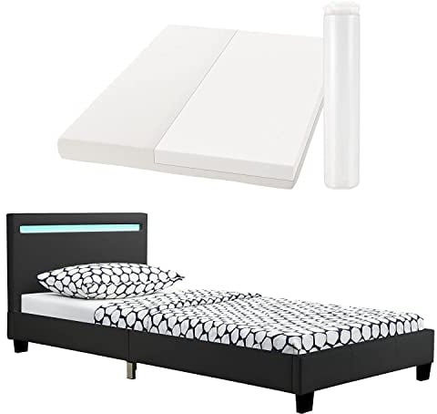 Juskys Polsterbett Verona 90x200 cm schwarz mit Matratze - Einzelbett & LED-Beleuchtung, Lattenrost & Kopfteil - Bett aus Holz & Kunstleder-Bezug