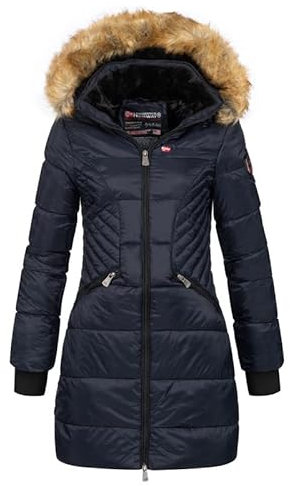Geographical Norway Abeille Lady Distribrands - Parka caldo da donna - cappotto di pelliccia sintetica spessa - giacca a vento invernale - piumino lungo foderato (Blu Marino XXL - Taglia 5)