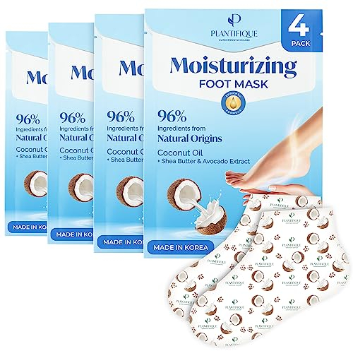 Plantifique Hydrating Foot Mask Socks – 4 Pairs with Shea Butter for Soft Heels, Deep Moisturizing & Repairing Dry, Rough Skin – Korean Skincare & Foot Care Gift