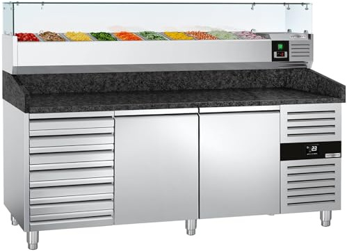 GGM Gastro | POS208SSG#AGG203ND | Pizzakühltisch PREMIUM - 2000x800mm - mit 2 Türen & 7 Schubladen - inkl. Kühlaufsatzvitrine - 10x GN 1/4
