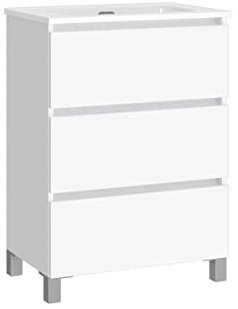 Baikal, Conjunto de baño Natura. Mueble de Baño de Fondo Reducido, con Lavabo cerámico. Distribución Tres Cajones. Mueble MONTADO. Tres Cajones sin Espejo. Fondo 39cm 60 cm Blanco