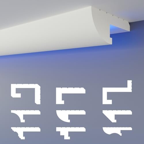 HEXIMO profilé de joint d'ombre LED moulures, éclairage indirect XPS-styrofoam-plafond sec moulures pour plafond (20,4 mètres HLED 15)