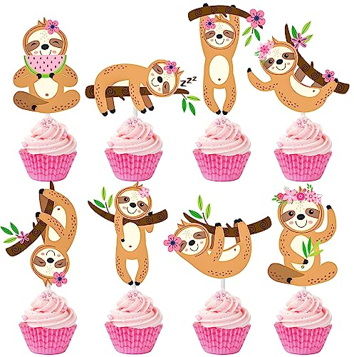 24 Stück Faultier Cupcake Topper Dekorationen Faultier Geburtstag Party Zubehör für Mädchen Faultier Thema Geburtstag Party Babyparty Hochzeit Party Zubehör
