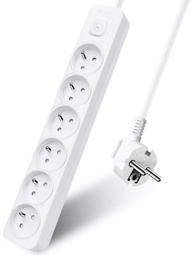 EXTRASTAR Multiprise 6 Prises 16A avec Interrupteur,Bloc 6 Prises,Rallonge 1,5m 250 V avec sécurité Enfant,Blanc