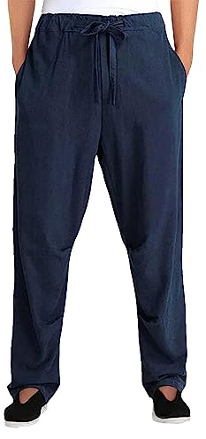 Rubruan Kung Fu Training Leinenhose – Traditionelle Chinesische Kampfkunst Taichi Wushu Haremshose Herren Damen Lange Freizeithose Frühling Sommer Hose Trainingshose Retro Stil (Blau, XL)