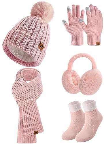 heekpek Mütze Schal Handschuhe Ohrenschützer und Socken Set Damen 5 Stücke Warme Wintermütze Winterschal Strick Winterzubehör Winterset 5 in 1, Rosa