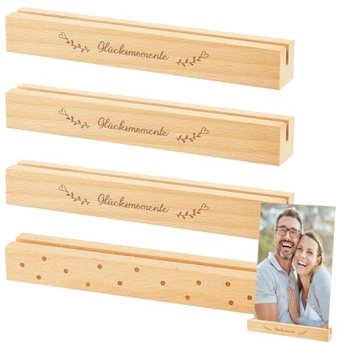 Namalu 4 Porte-Cartes en Bois Porte-Photos en Bois avec Dictons Supports de Cartes Postales en Bois pour Cartes Postales Marque-Places Numéros de Table Étiquettes Nominatives Mariage (Heureux)