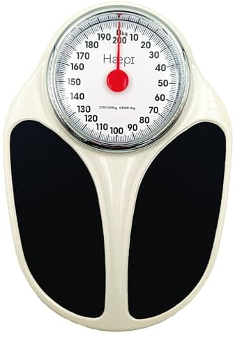 Haepi, Mechanische Personenwaage, Große Plattform & Display, gut lesbare Ziffern, Rutschfeste Oberfläche, Gut sichtbarer roter Zeiger, Maximale Kapazität von 200 kg, 15 Jahre Garantie.