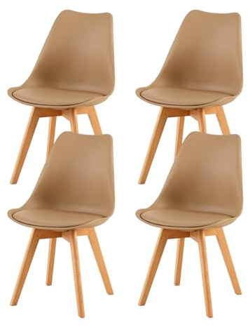 EGGREE 4er-Set Skandinavischer Esszimmerstuhl SGS Tested, Gepolsterter Küchenstuhl, Retro-Bürostuhl mit massiven Buchenholzbeinen, Khaki