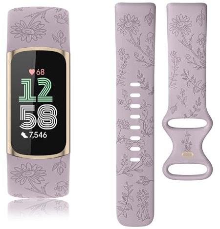 Vancle Armband für Fitbit Charge 6/5 - Silikon TPU Blumen Graviertes Uhrenarmband für Damen Herren, Verstellbares Sport Ersatzband, Klein Taro Lila